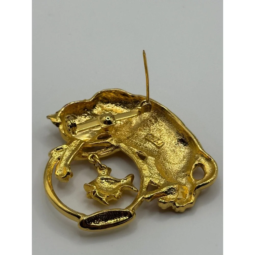 Vintage JJ Jonette Cat Fishbowl Brooch Gold Tone Pin